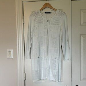 Kasper Size M Cream Knit Open-Front Long Sleeve Cardigan Duster Beach Sweater